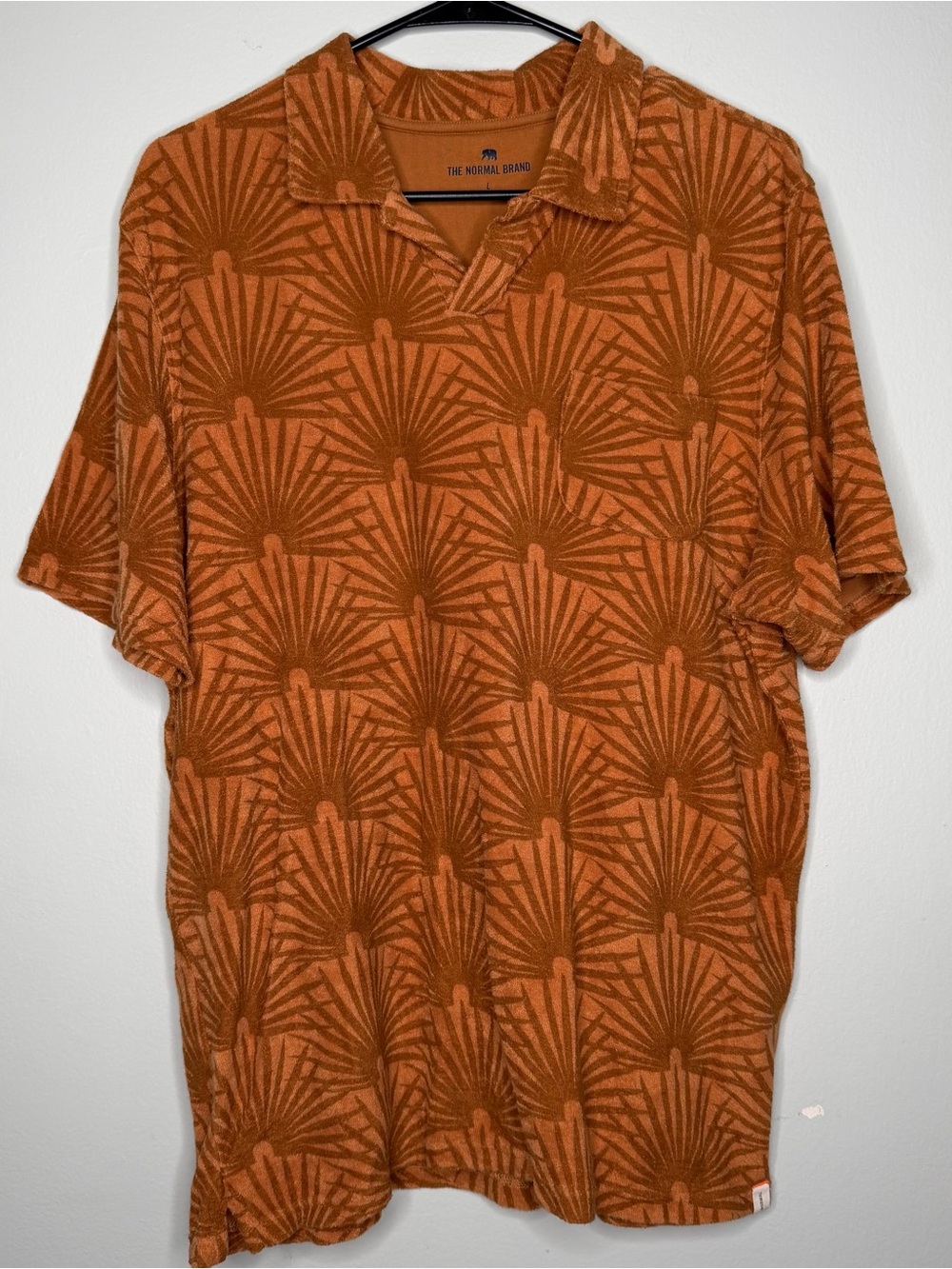 The Normal Brand Men orange palm print terry cloth short sleeve polo large
